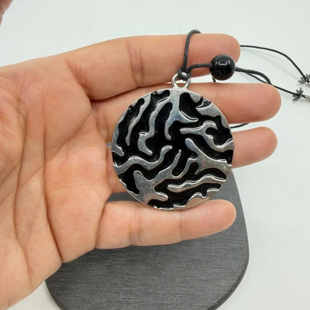 Black Silver Tone Abstract Swirl Disc Pendant Beaded Necklace Boho Statement